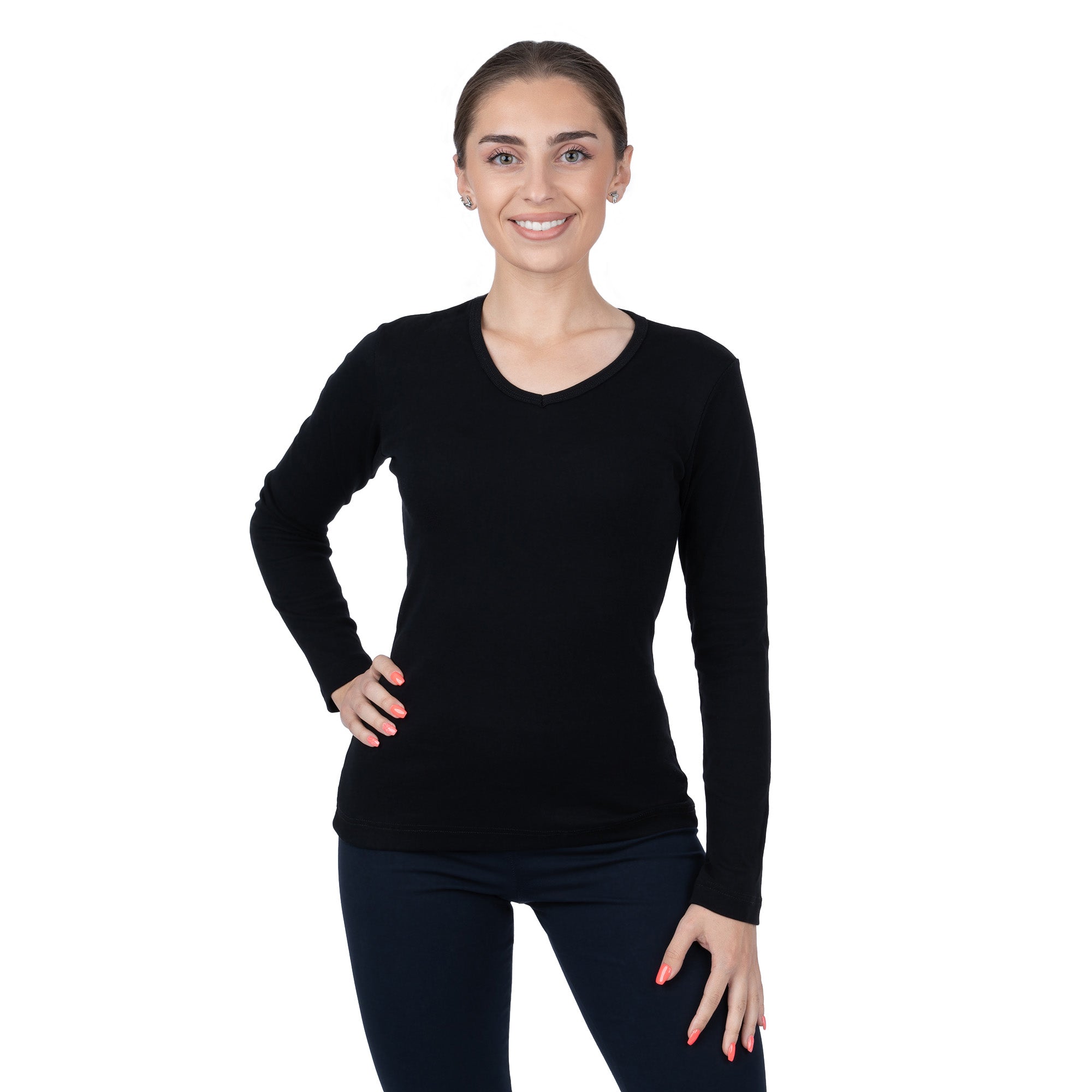 CottoNIR™ Ribbed V-Neck Long Sleeve T-Shirt for Women