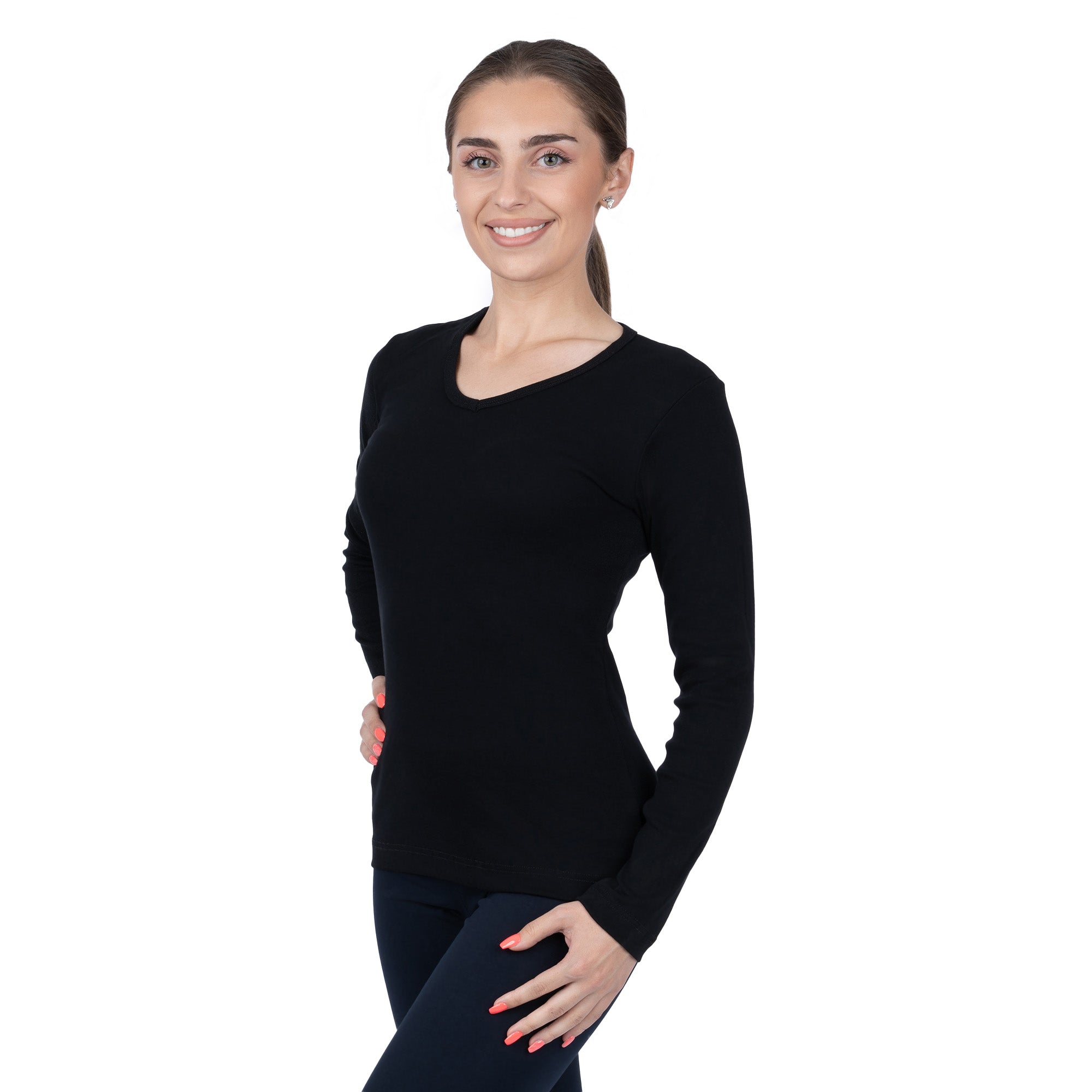 CottoNIR™ Ribbed V-Neck Long Sleeve T-Shirt for Women
