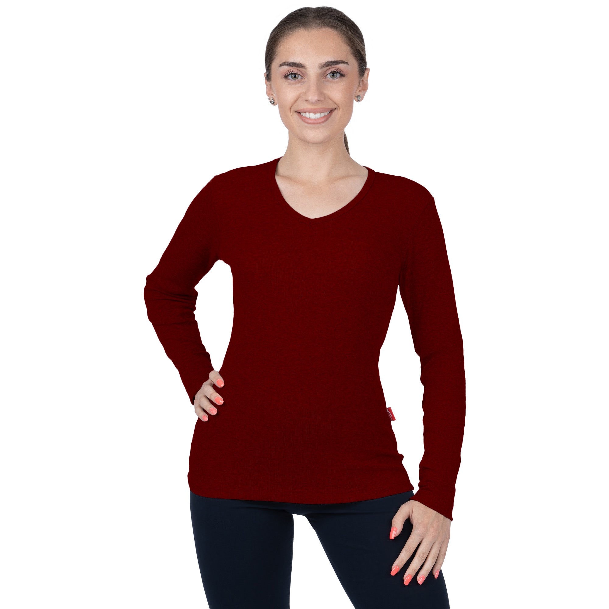 CottoNIR™ Ribbed V-Neck Long Sleeve T-Shirt for Women