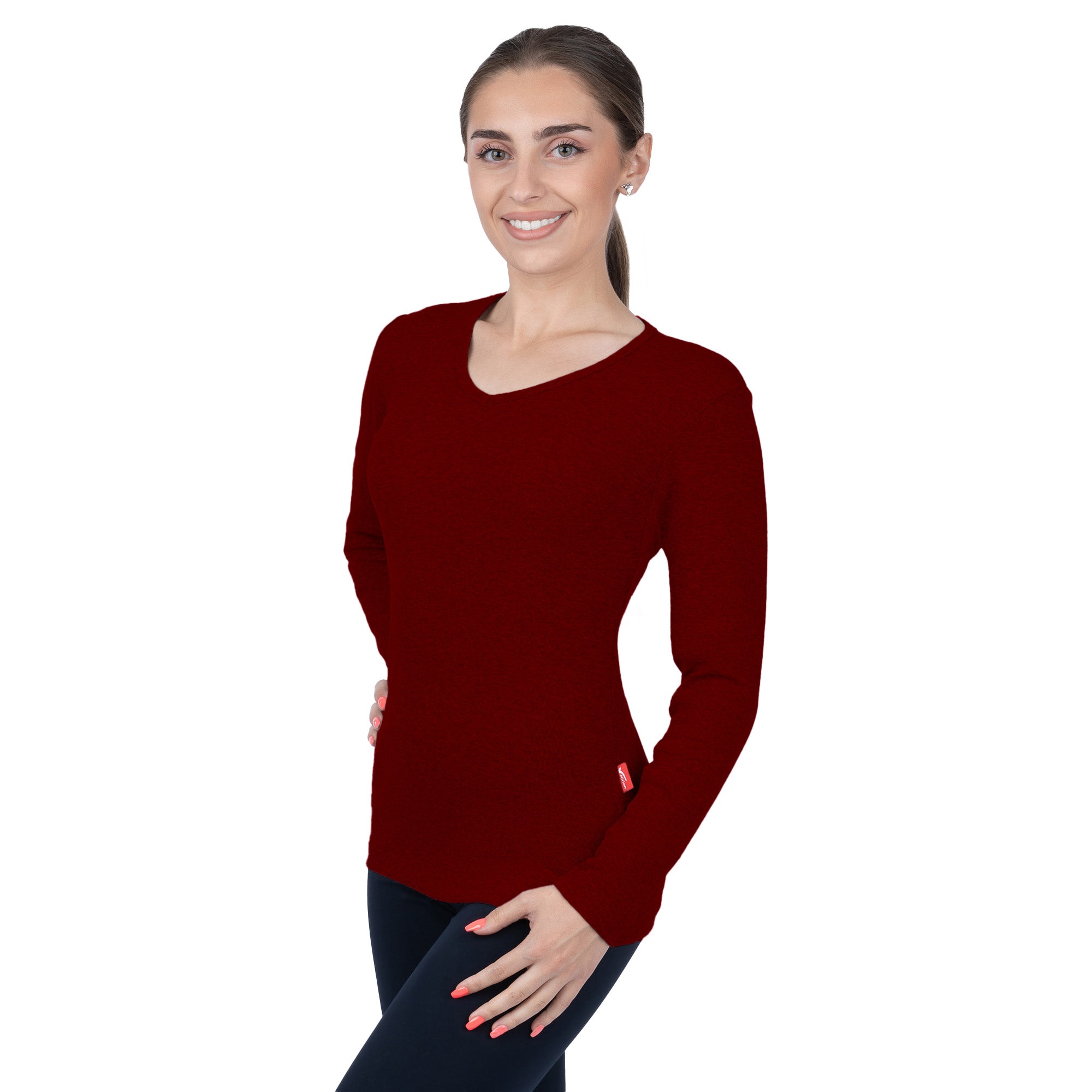 CottoNIR™ Ribbed V-Neck Long Sleeve T-Shirt for Women
