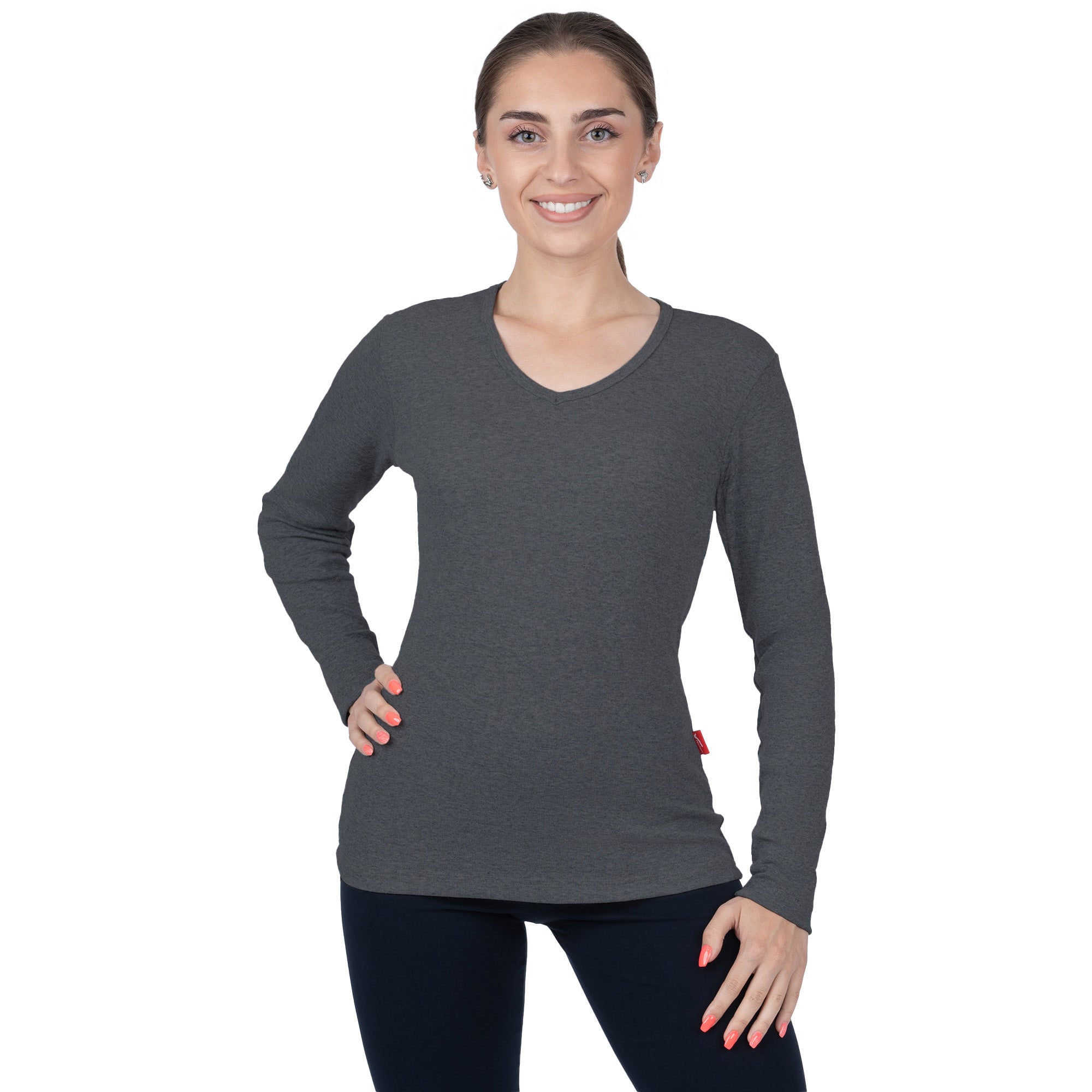 CottoNIR™ Ribbed V-Neck Long Sleeve T-Shirt for Women