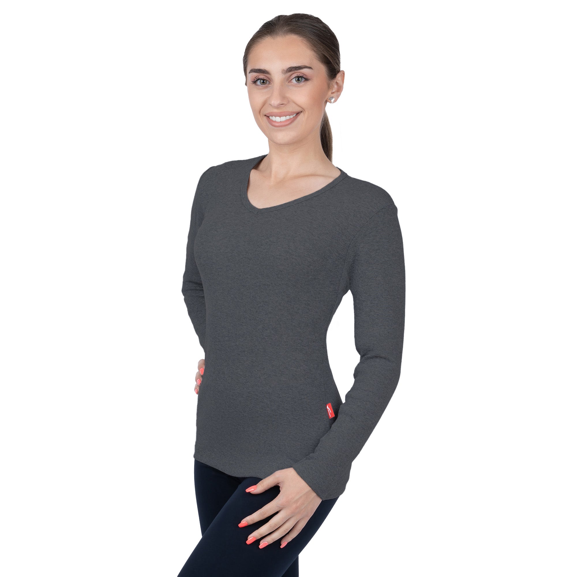 CottoNIR™ Ribbed V-Neck Long Sleeve T-Shirt for Women
