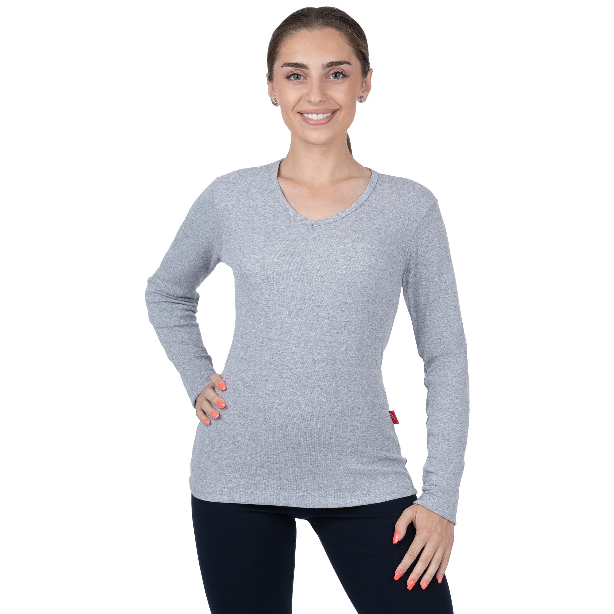 CottoNIR™ Ribbed V-Neck Long Sleeve T-Shirt for Women