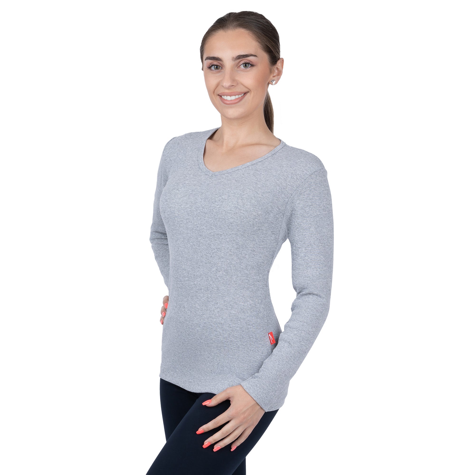 CottoNIR™ Ribbed V-Neck Long Sleeve T-Shirt for Women