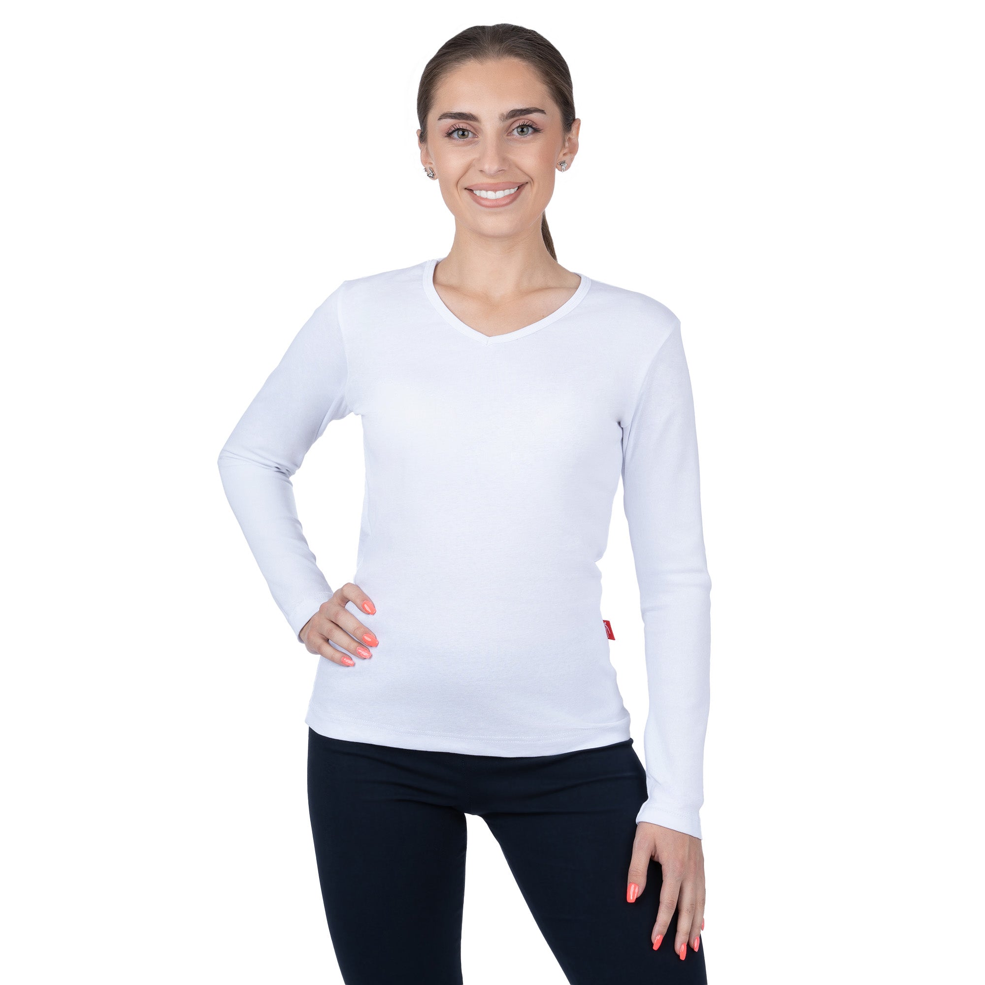 CottoNIR™ Ribbed V-Neck Long Sleeve T-Shirt for Women