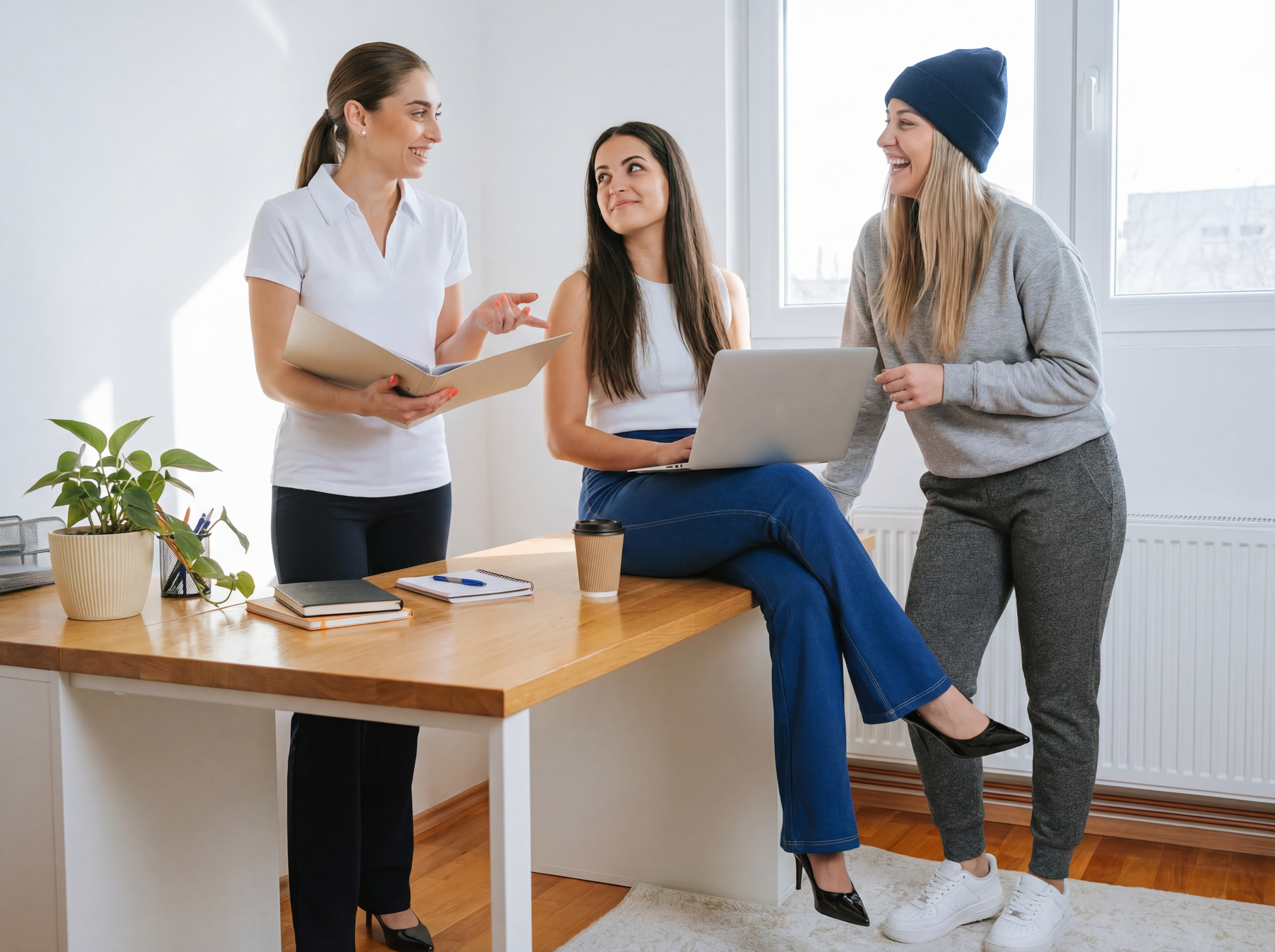 Three women in a casual office setting with a laptop and documents.