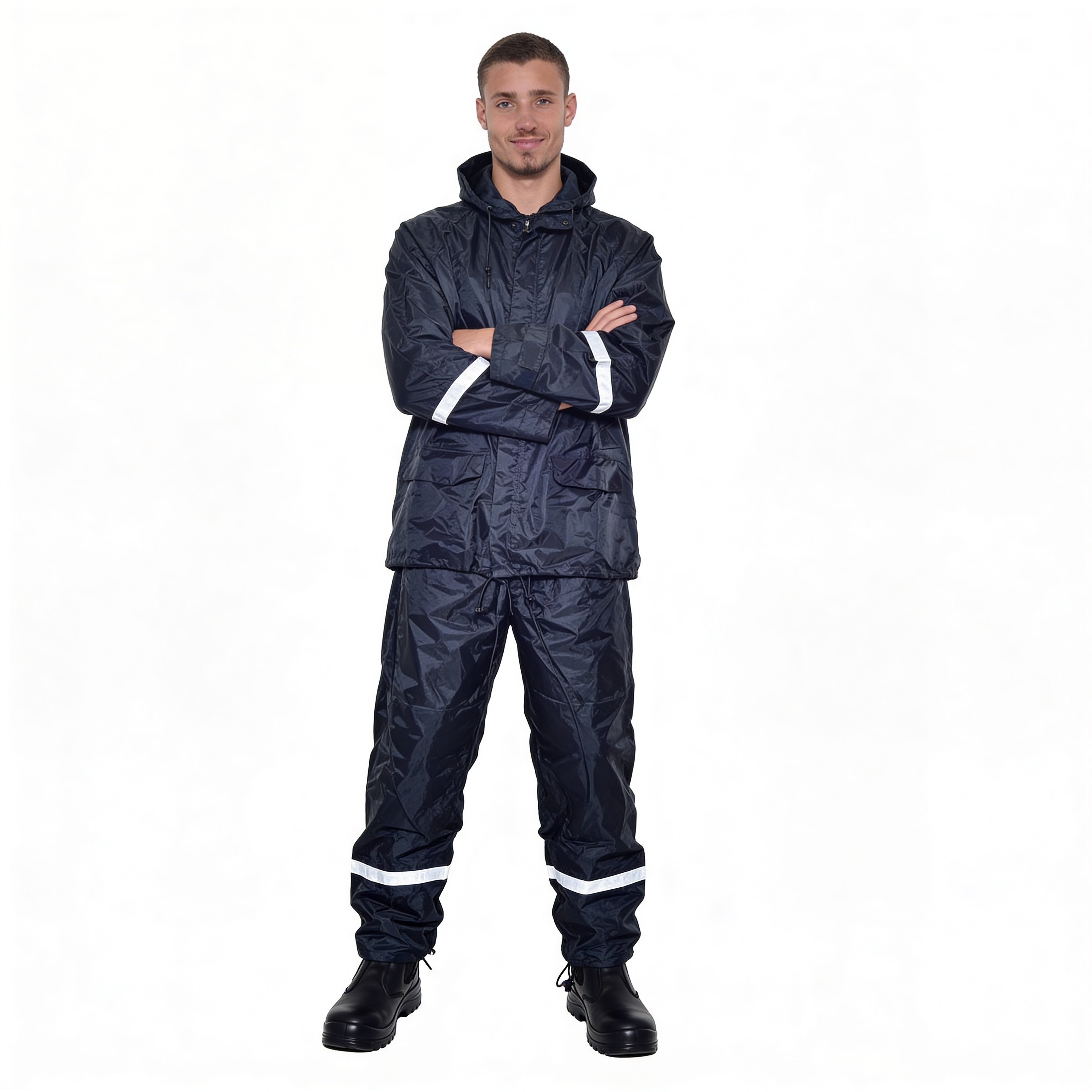 Man wearing a navy rain suit with white accents on a white background